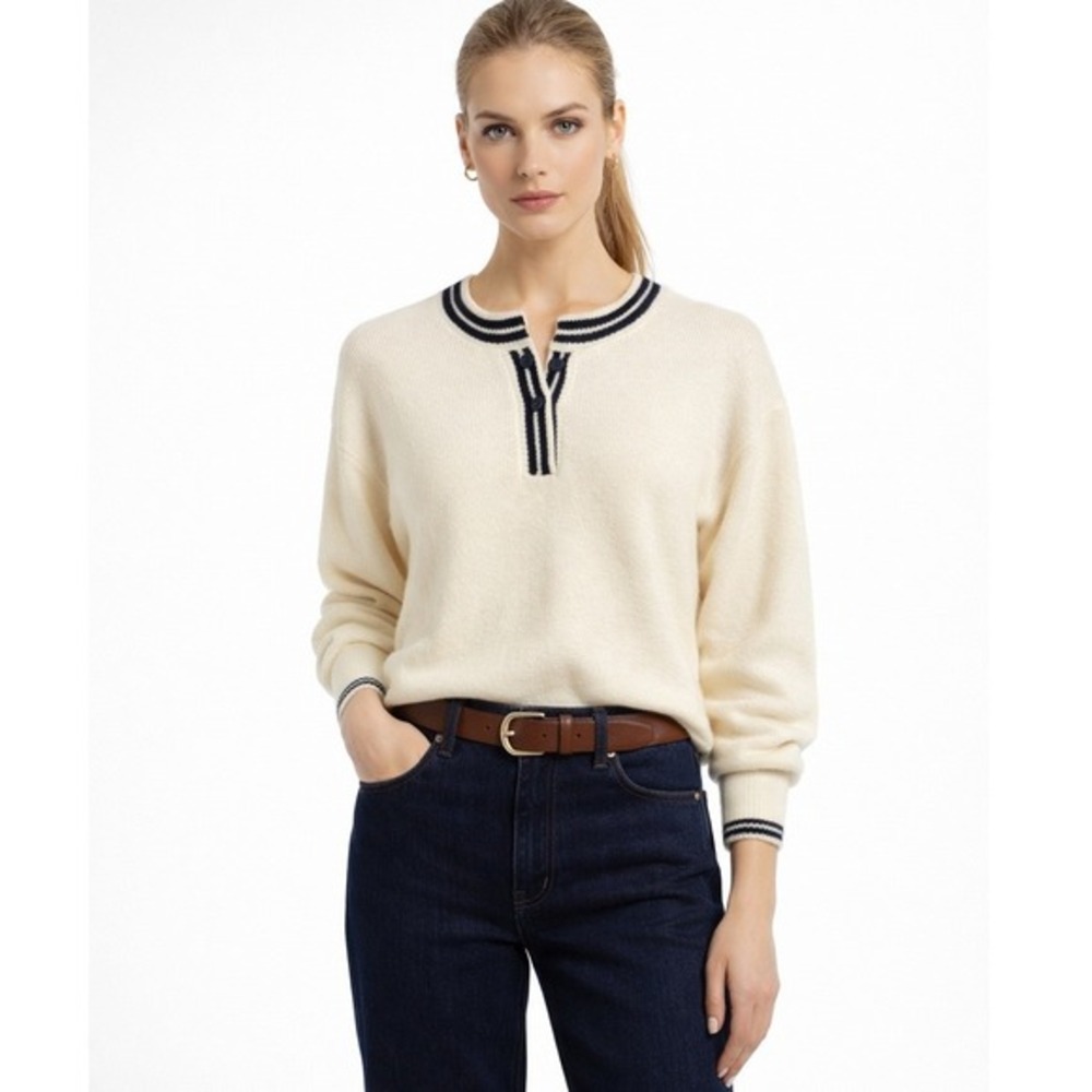 Mason & Belle Ivory Striped Trim Button Neck Knit Sweater Size M NWT
